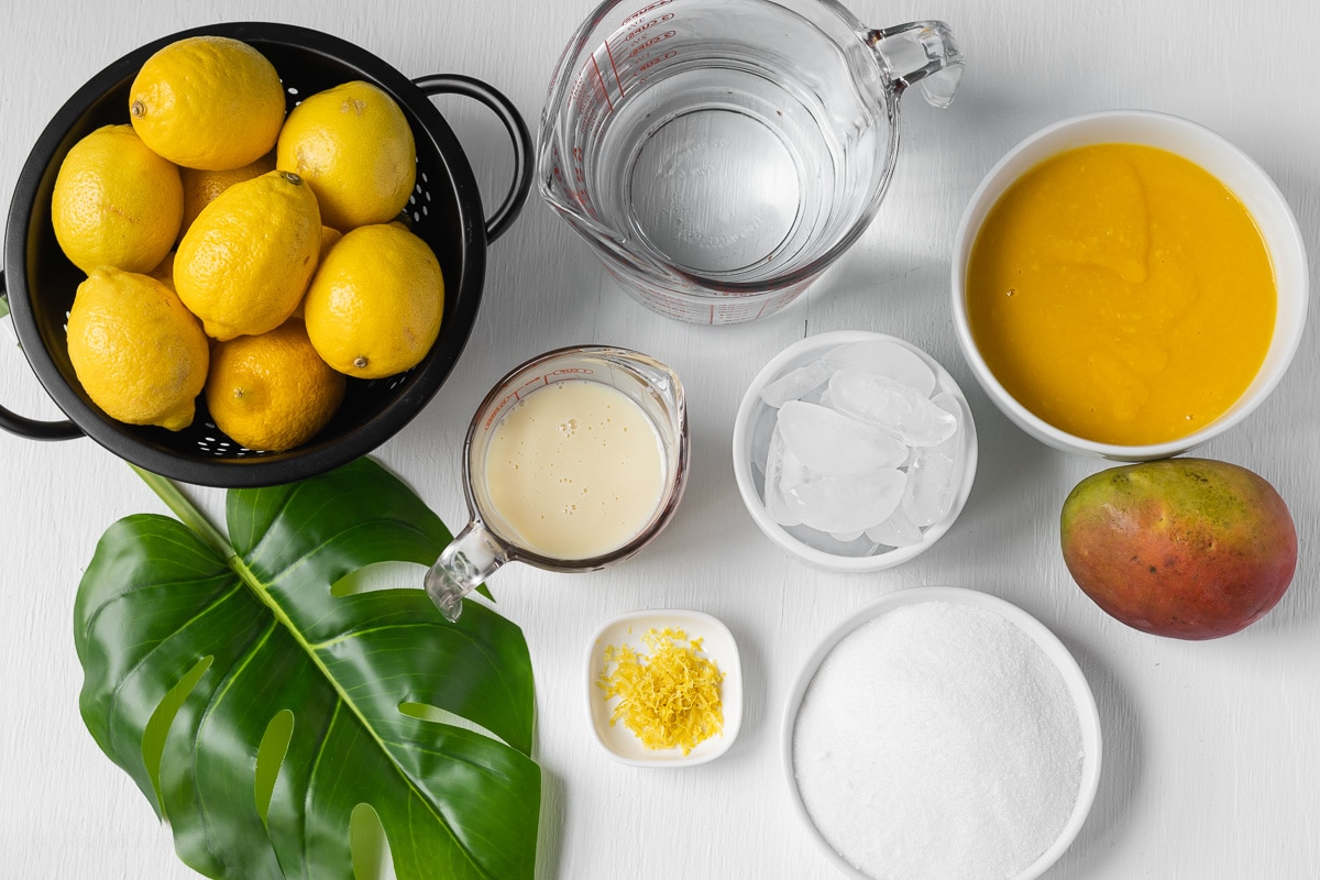 Creamy Mango Lemonade Ingredients- lemon juice, sweetened condensed milk, water, ice, lemon zest, sugar, and mango puree. A decorative tropic leaf, whole lemons, and mangos for decoration.