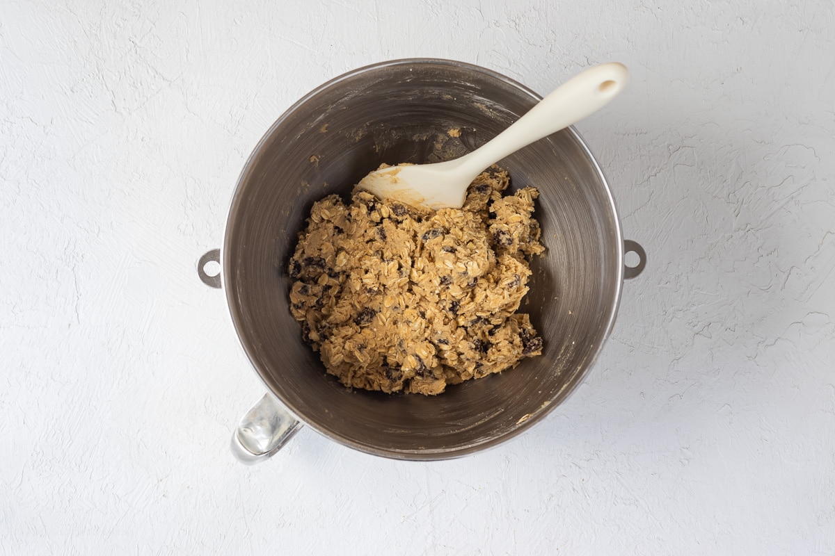 Cookie Dough mixed up in stand mixer bowl, ready to be chilled.