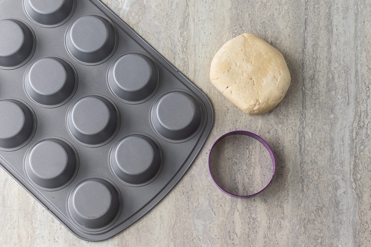 What you need for Mini Crusts- pie dough, large round cutter, cupcake baking pan