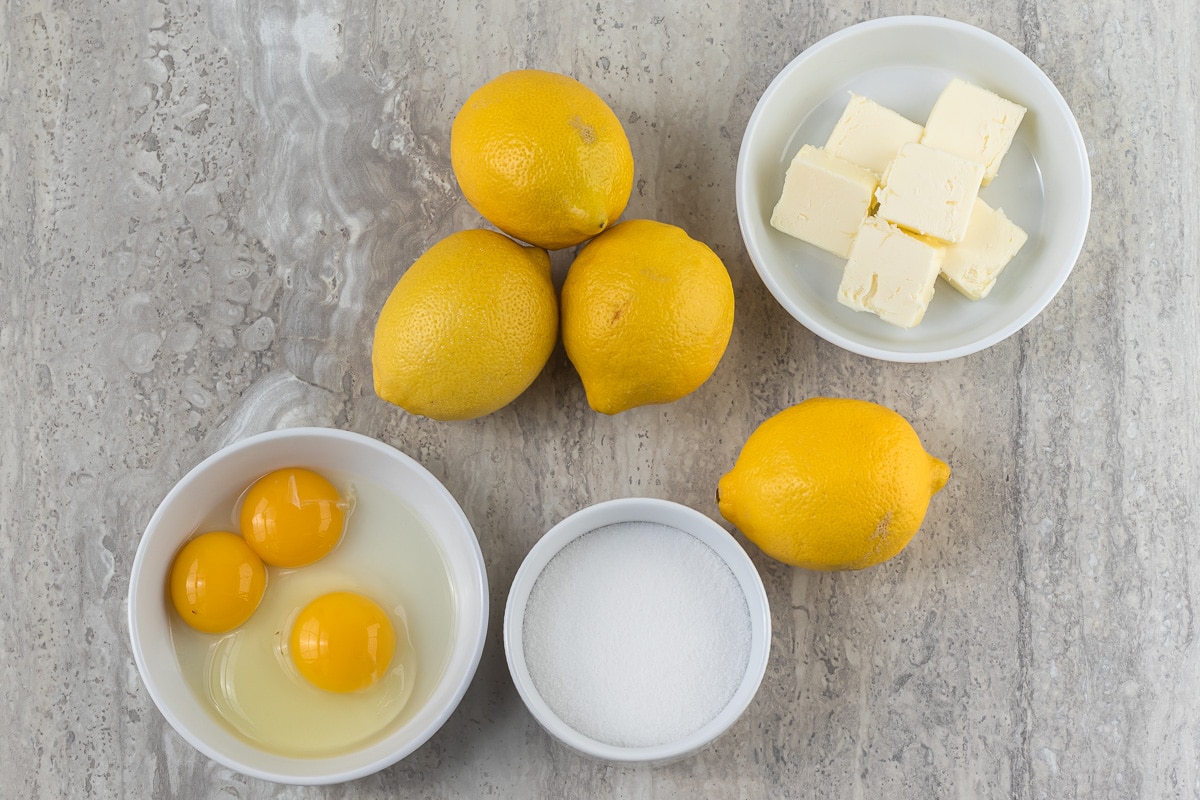Lemon Curd Ingredients: egg, egg yolks, sugar, lemons, butter.