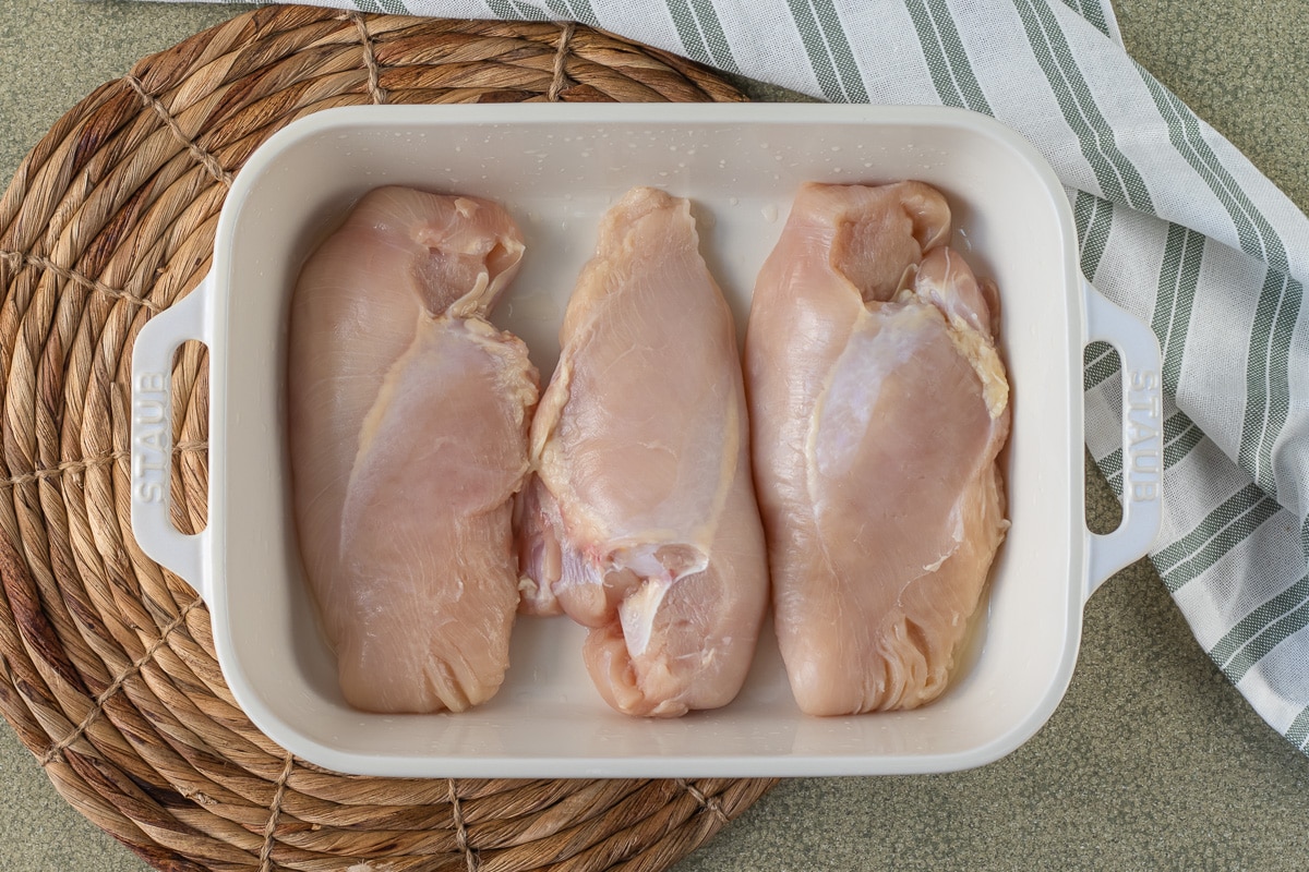 Overhead shot of chicken in the prepared baking dish