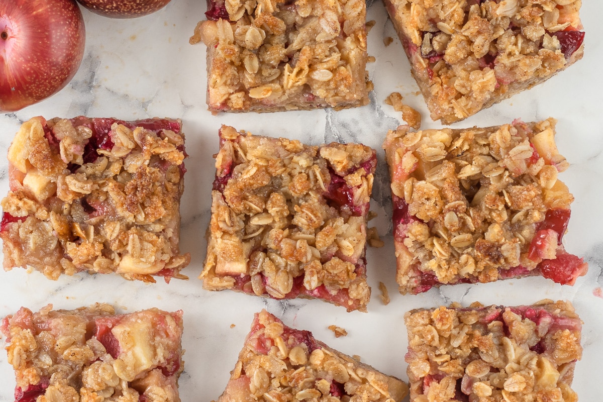 Overhead shot of Gluten Free baked Apple and Plum Crumble Bars