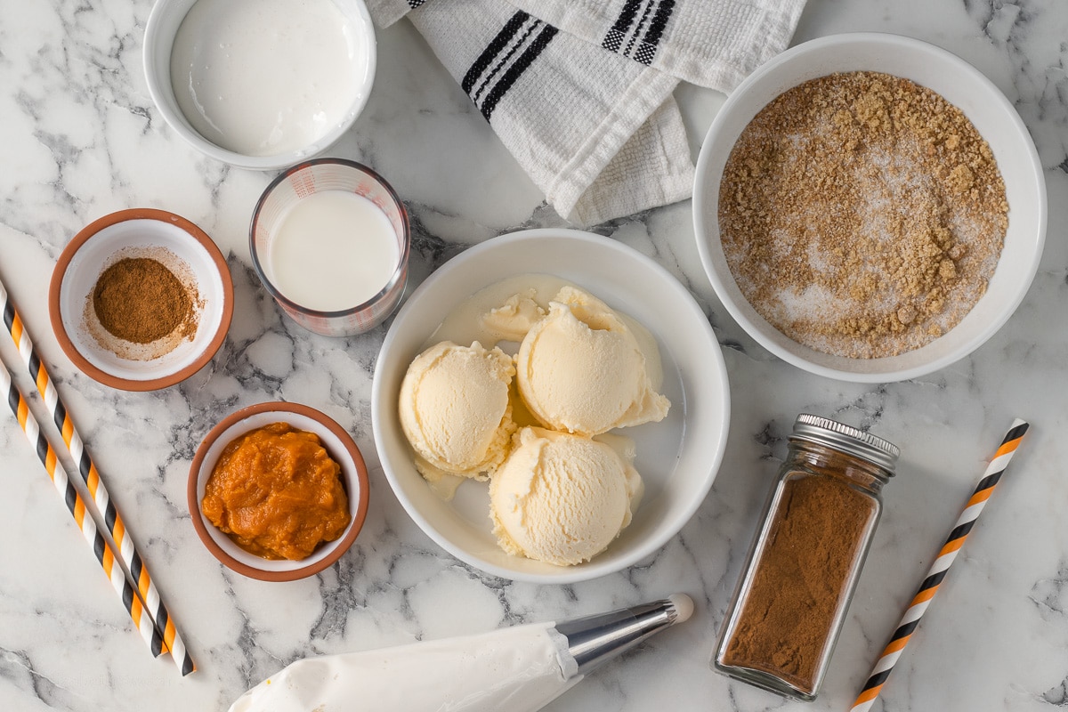 Ingredients to make Marshmallow Pumpkin Milkshake, ice cream, milk, pumpkin puree, pumpkin pie spice, marshmallow cream.