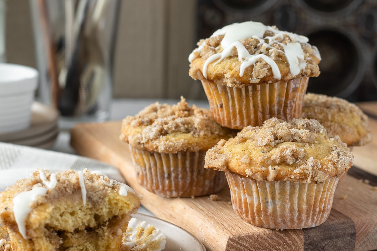 Stack of cardamom spiced coffee cake muffins