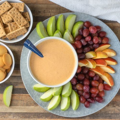 Overhead shot of Maple Pumpkin Fruit Dip and dippers