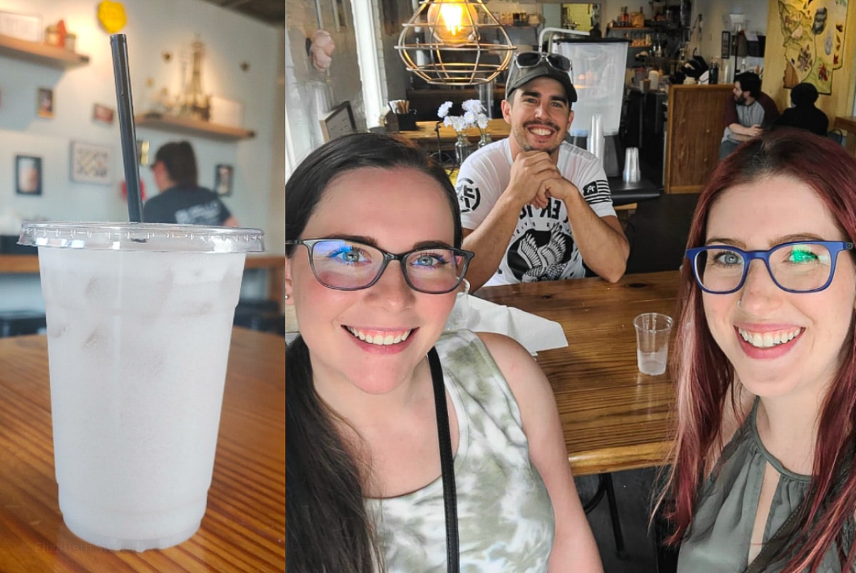 Two pictures. Left is a Purple drink with a black straw from my favorite local coffee shop. Right is myself, my boyfriend, and my best friend visiting the coffee shop together.