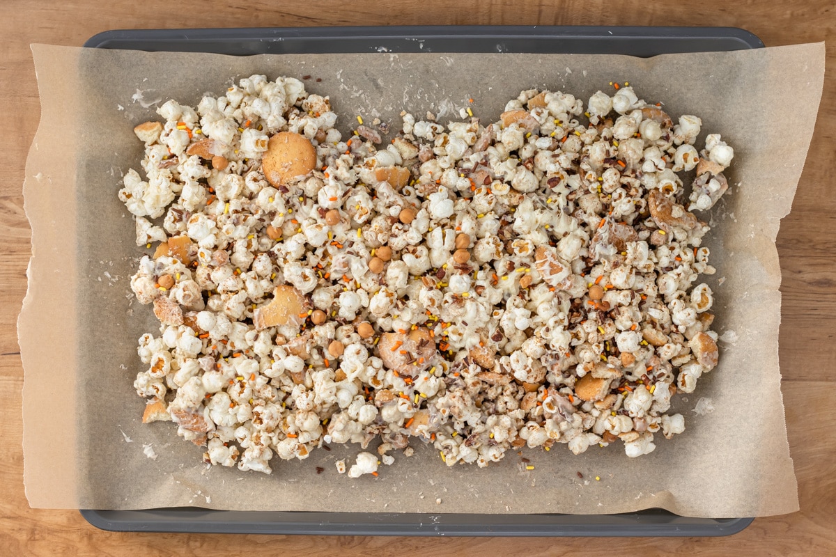 Mixed Loaded Fall Harvest Popcorn on a cookie sheet to dry