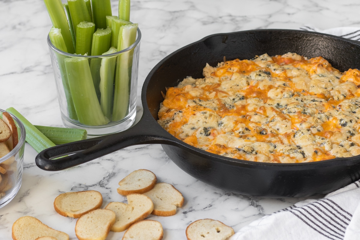 Serve the buffalo crab dip with bagel chips and celery