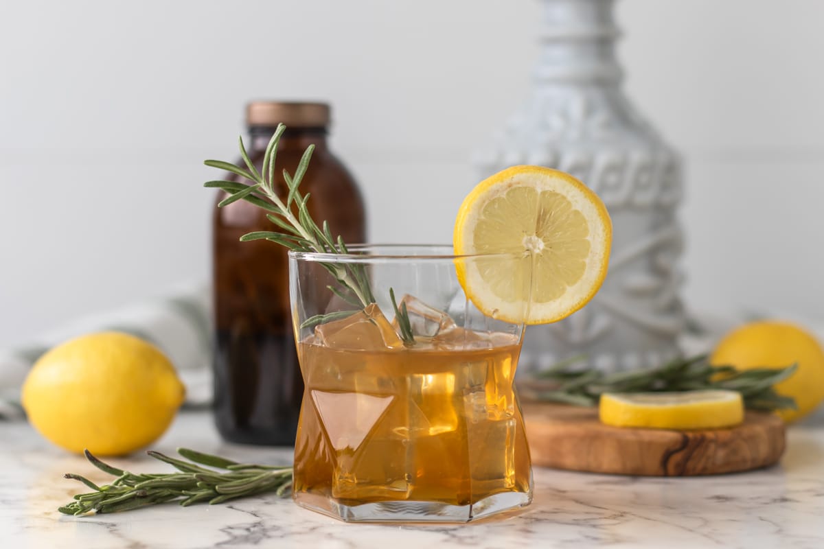 Rosemary Maple Bourbon sour with all it's ingredients.
