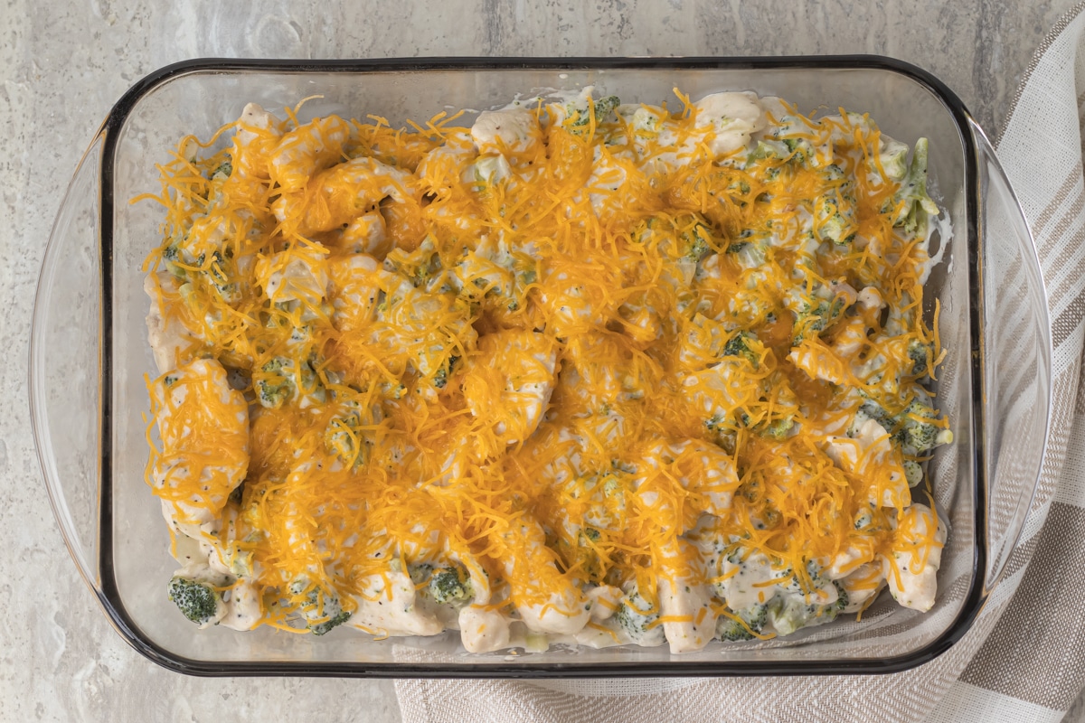 Casserole in baking dish topped with cheese