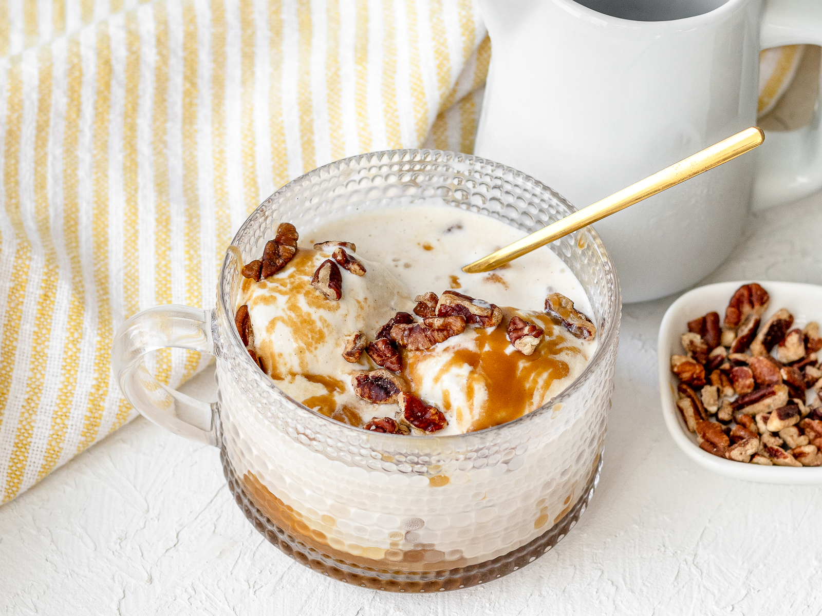 Caramel Affogato with espresso, microwave caramel sauce, and toasted pecans.
