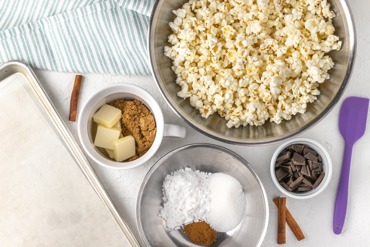Simple ingredients for Loaded Churro Popcorn.
