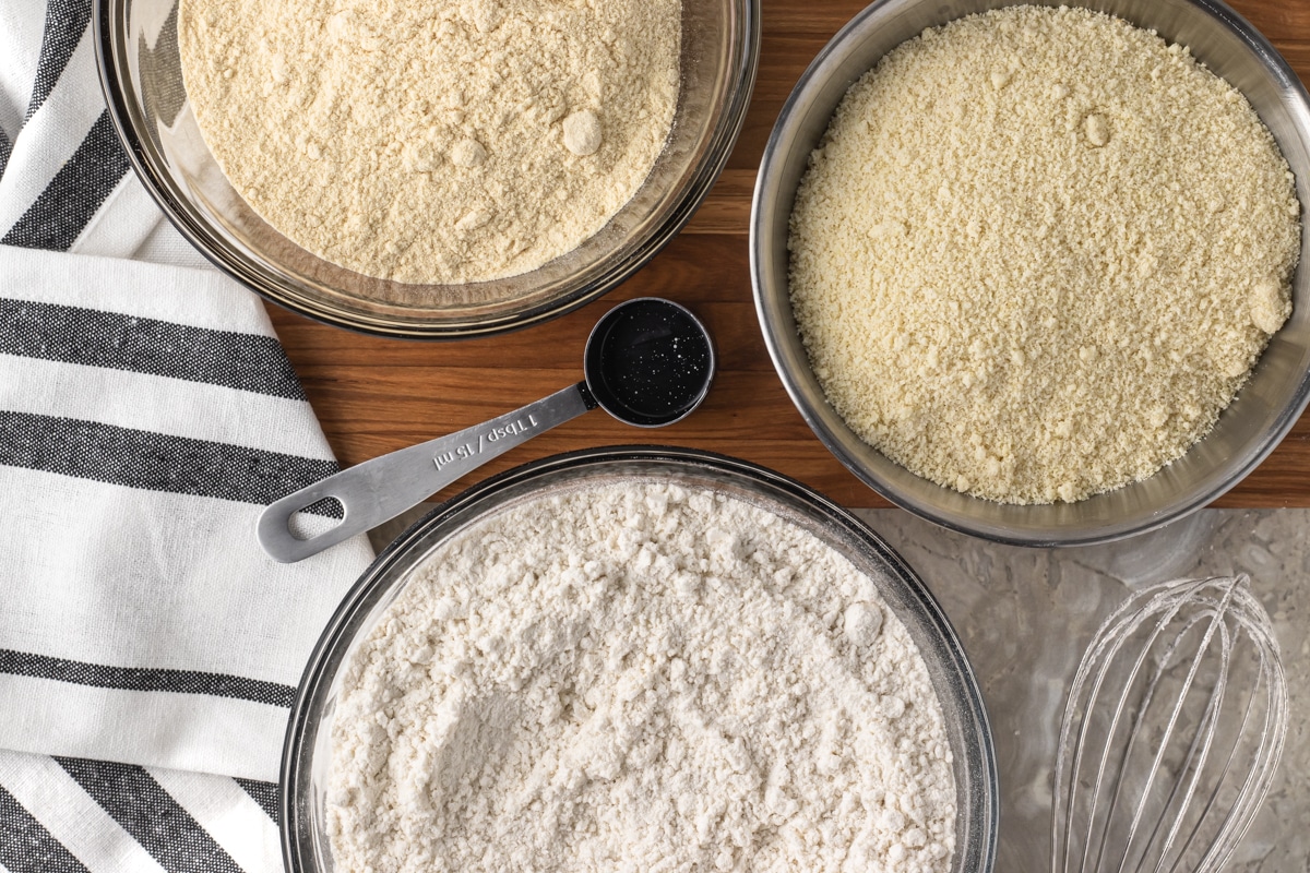 Various types of gluten free flour. Coconut flour, Almond flour, and Gluten Free Flour blend.