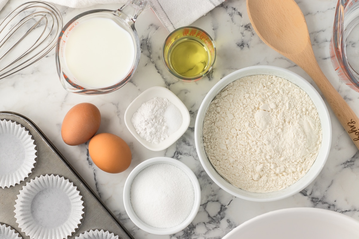 Ingredients for Basic Muffin Recipe. Flour, sugar, eggs, baking powder, oil, milk, salt.
