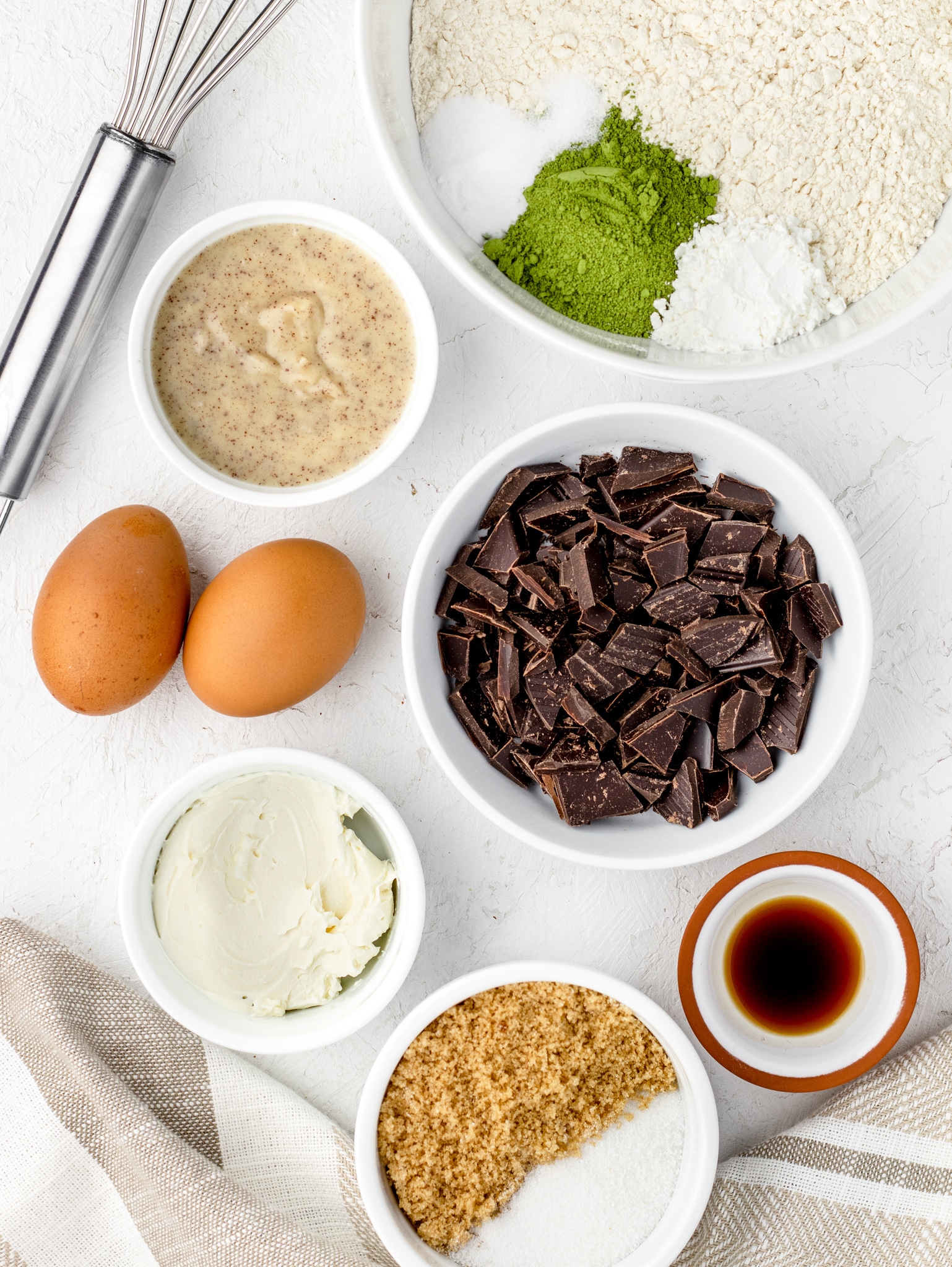 Ingredients for Dark Chocolate Matcha Cookies. Browned butter, cream cheese, sugar, eggs, vanilla, flour, matcha, salt, baking soda, corn starch.