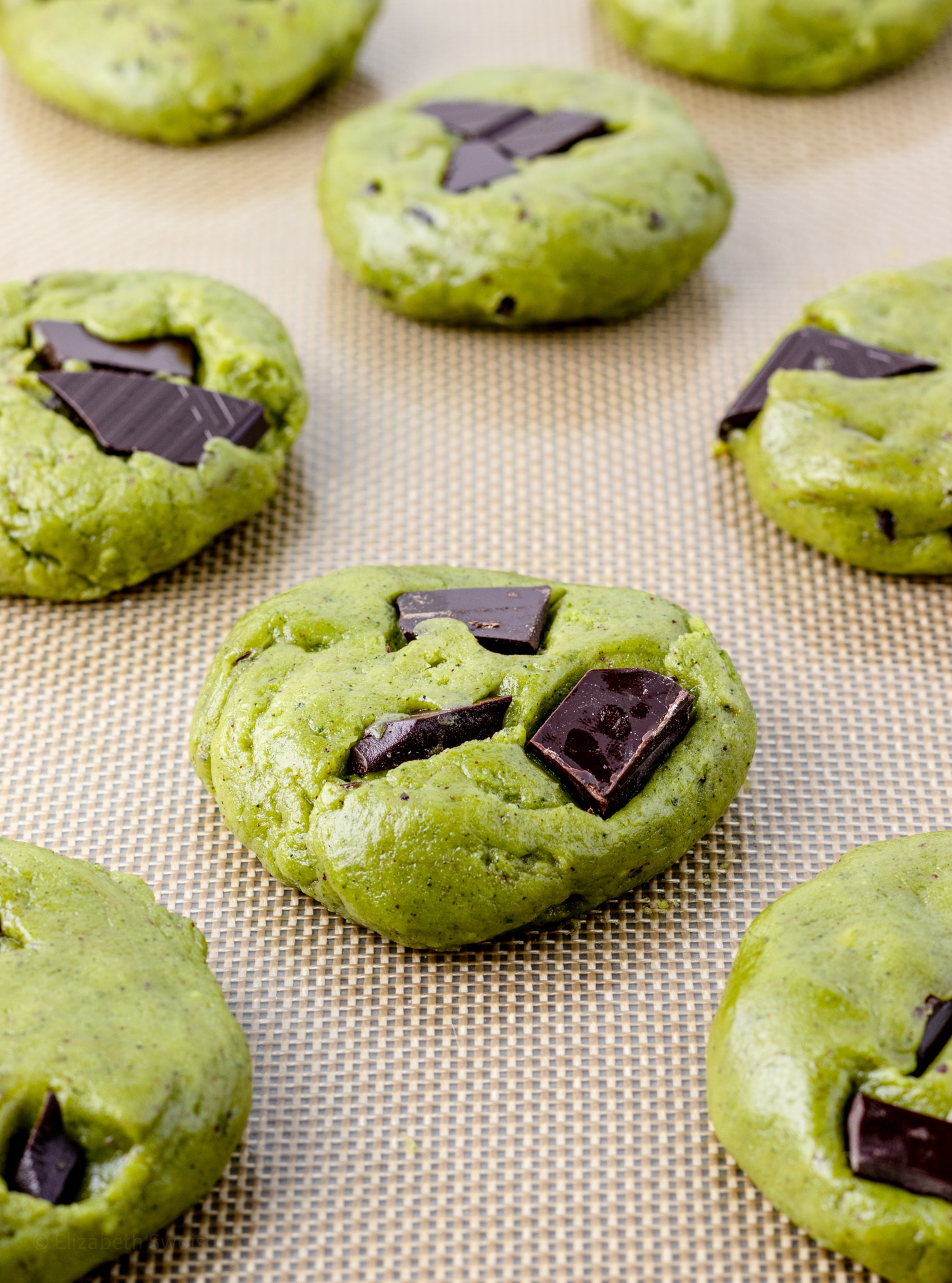 Dark Chocolate Matcha Cookies on baking sheet ready for the oven. 