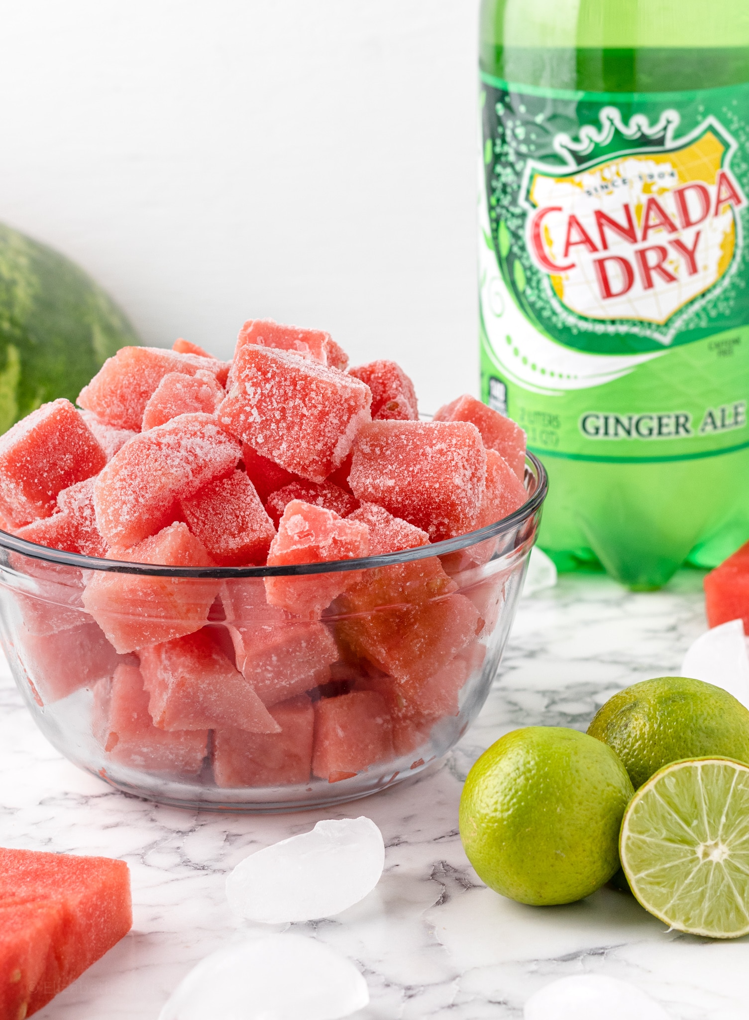 Ingredients are frozen watermelon, lime juice, water, ice, and ginger ale soda.