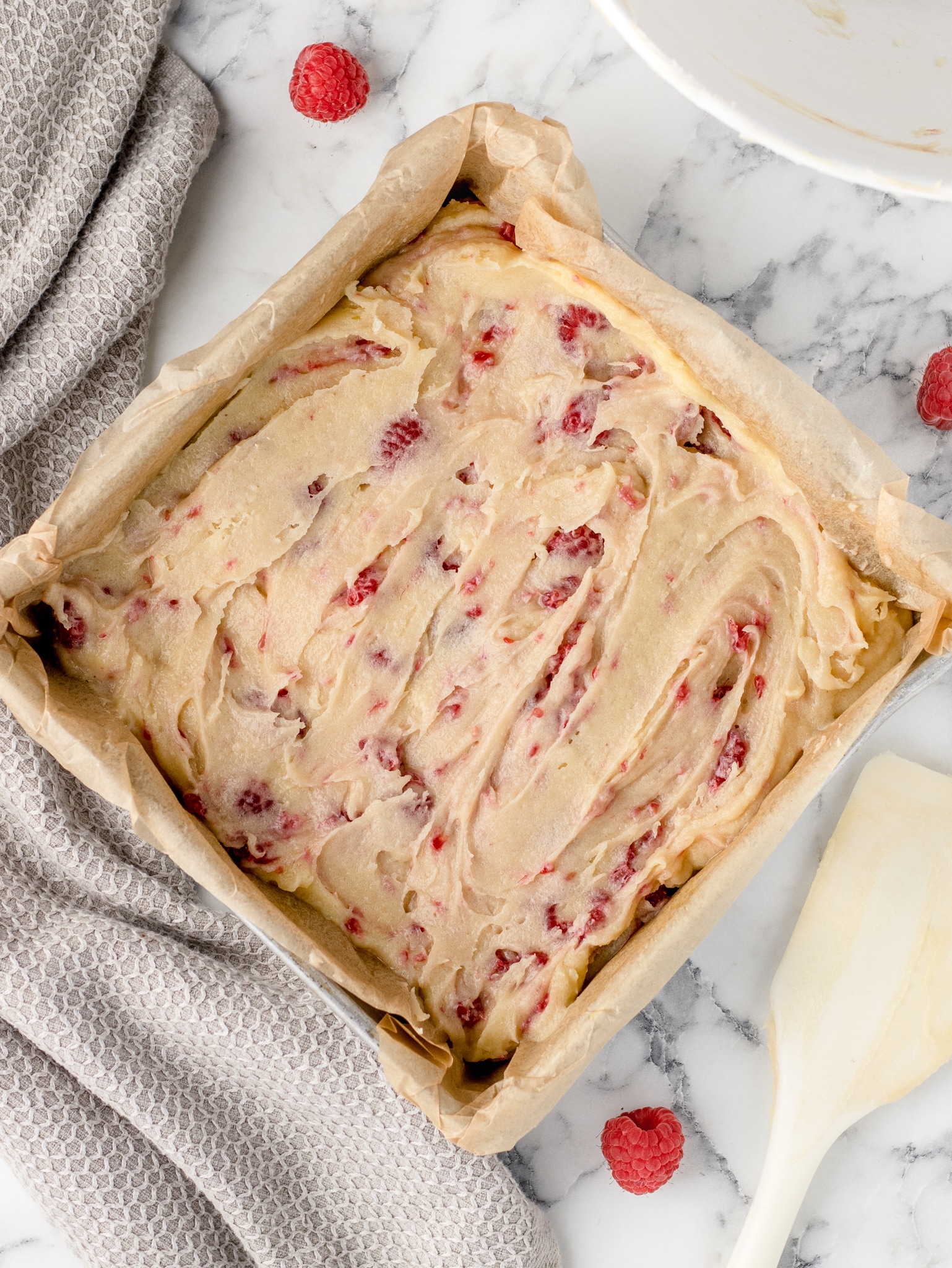 Raspberry White Chocolate Blondies ready to be baked.