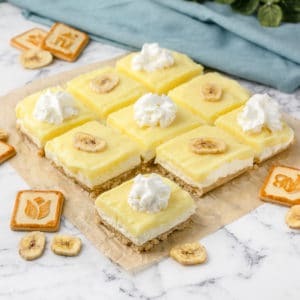 Easy, sliced, and decorated cheesecake bars.