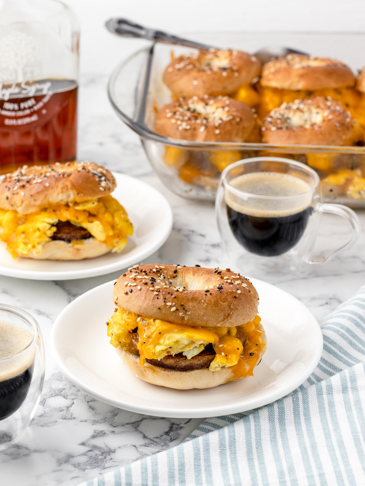 Sliders with hot espresso and maple syrup on the side.