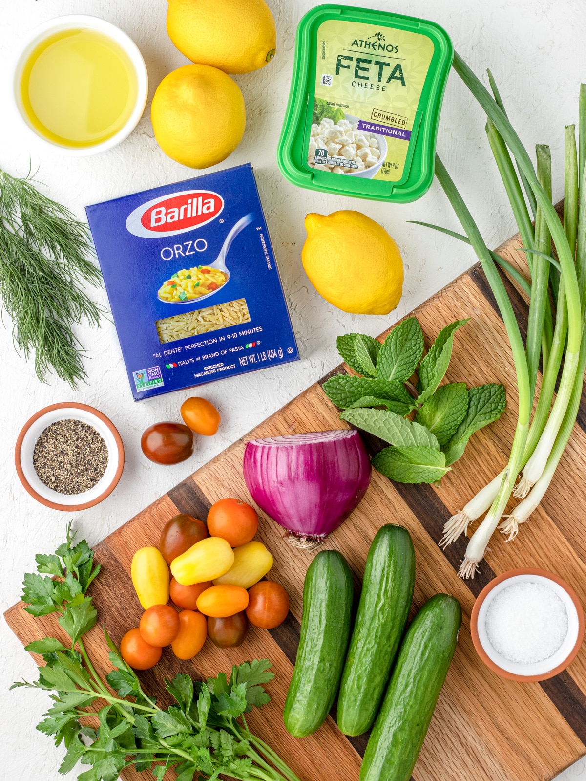 All the ingredients needed for Lemon Orzo Salad.