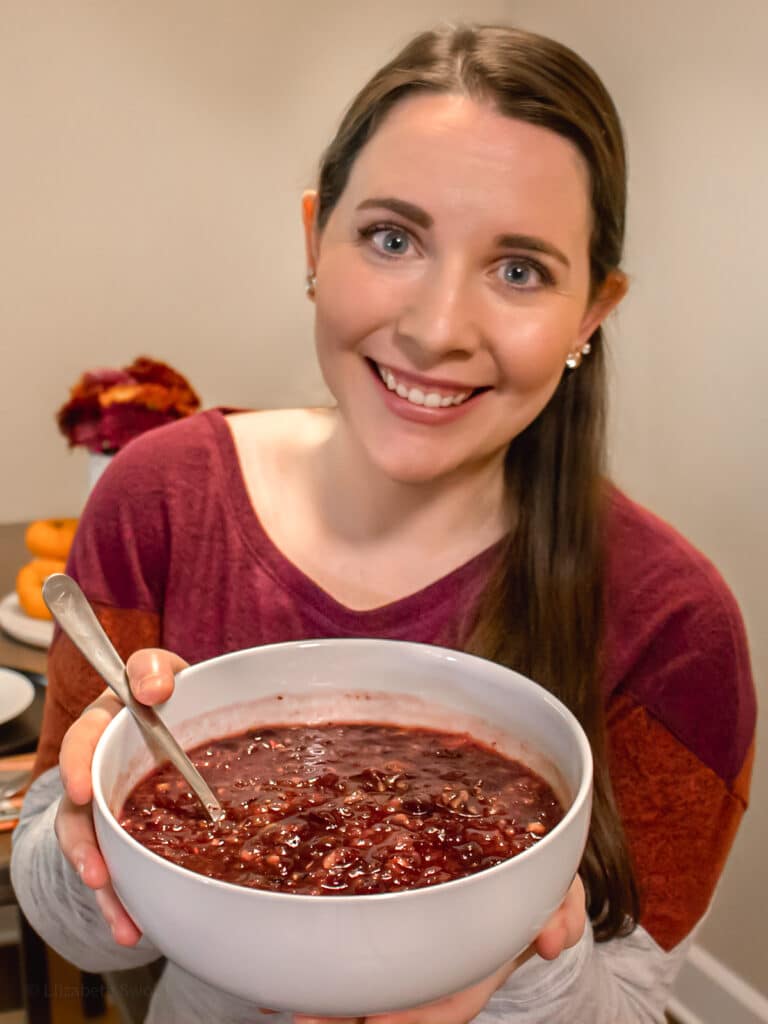 Elizabeth Swoish, Entirely Elizabeth pictured holding a bowl of grandma's famous cranberry relish!