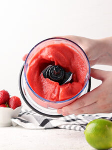 Photo of smooth and creamy Strawberry Daiquiri Mocktail in the blender.
