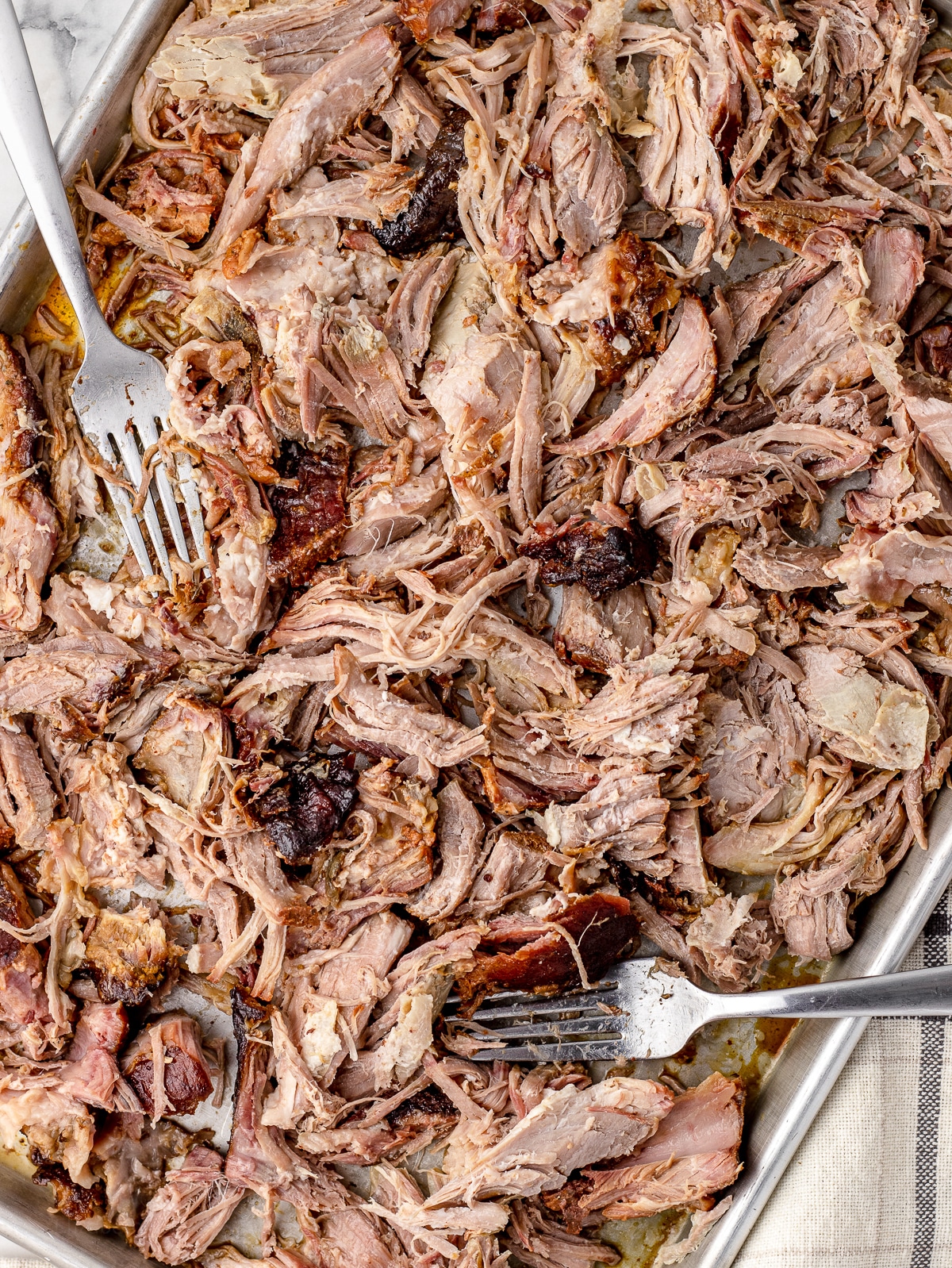 Close up of shredded smoked pulled pork.