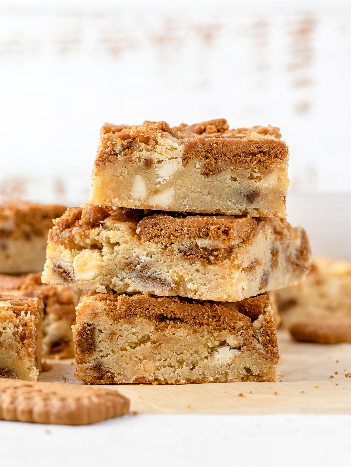 Stack of thick and chunky blondies ready to eat.