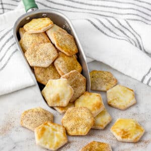 A variety of plain pie crust cookie chips and cinnamon sugar ones.