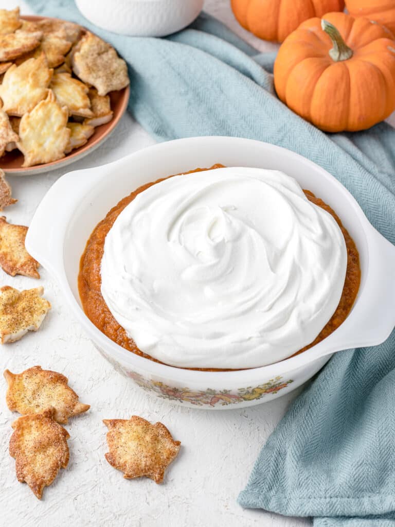 Layer three of dip in a serving dish, whipped cream or cool whip.