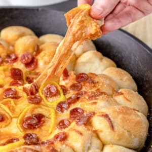 Cheese pull from the Pizza Dip with Pizza Dough Balls.