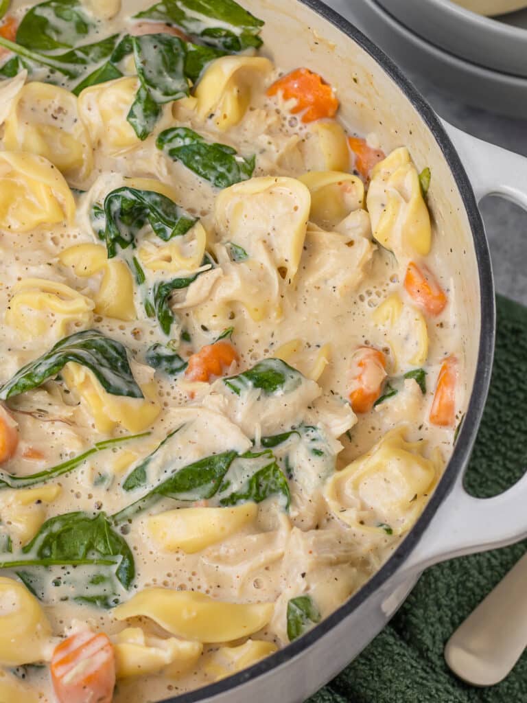 Chicken Alfredo Soup in a large pot with scattered tortellini, carrots, and wilted spinach.