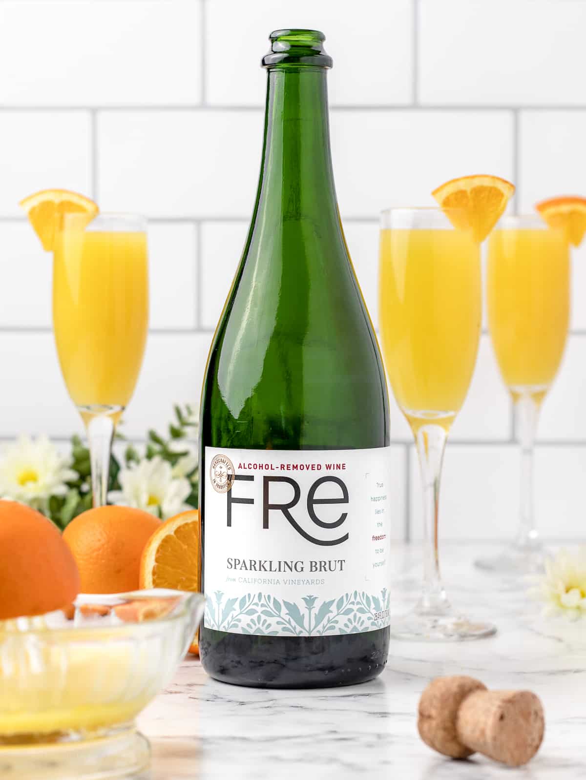 A bottle of alcohol removed non alcoholic champagne. Fre sparkling brut.