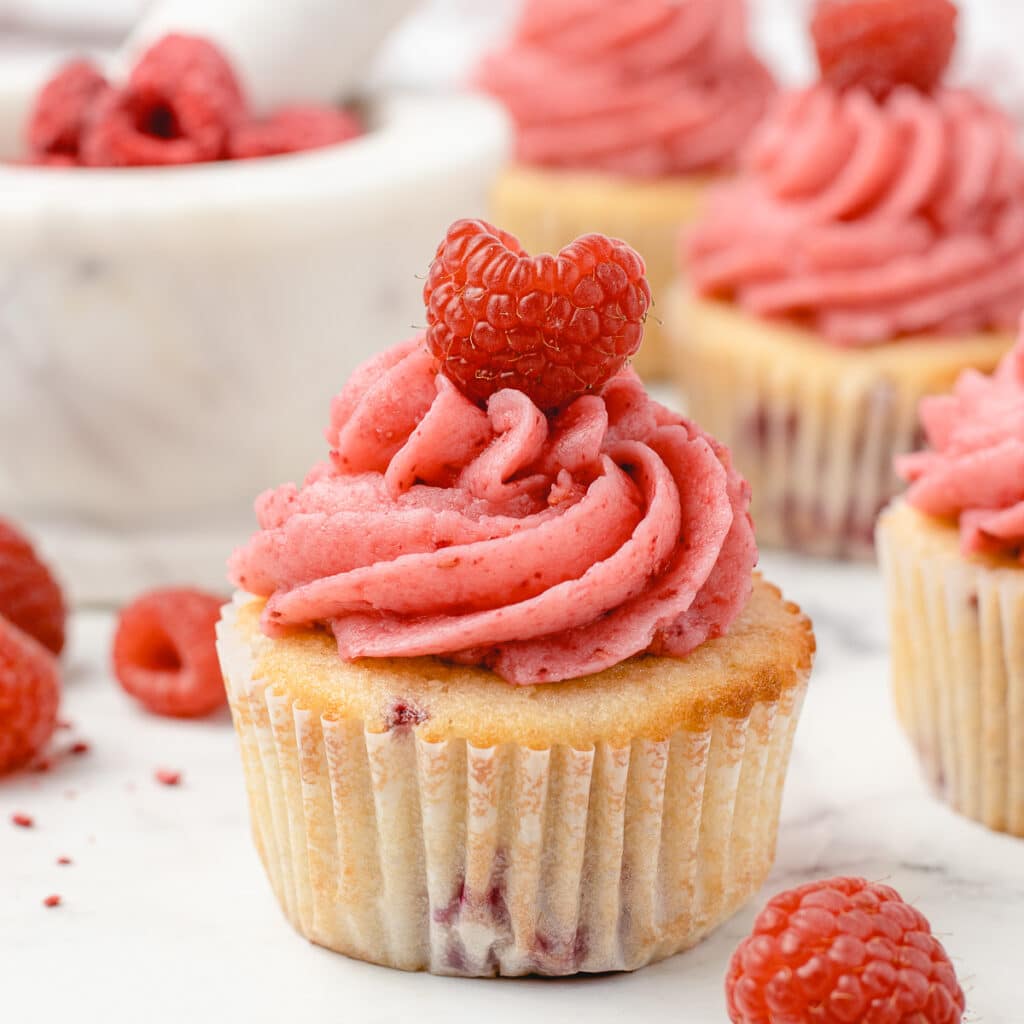 Raspberry cupcakes, topped with freeze dried raspberry buttercream, and garnished with a fresh raspberry.