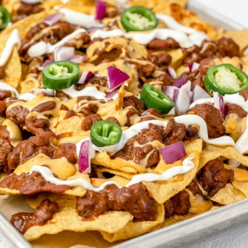 Chili Cheese Nachos for a crowd ready to eat.