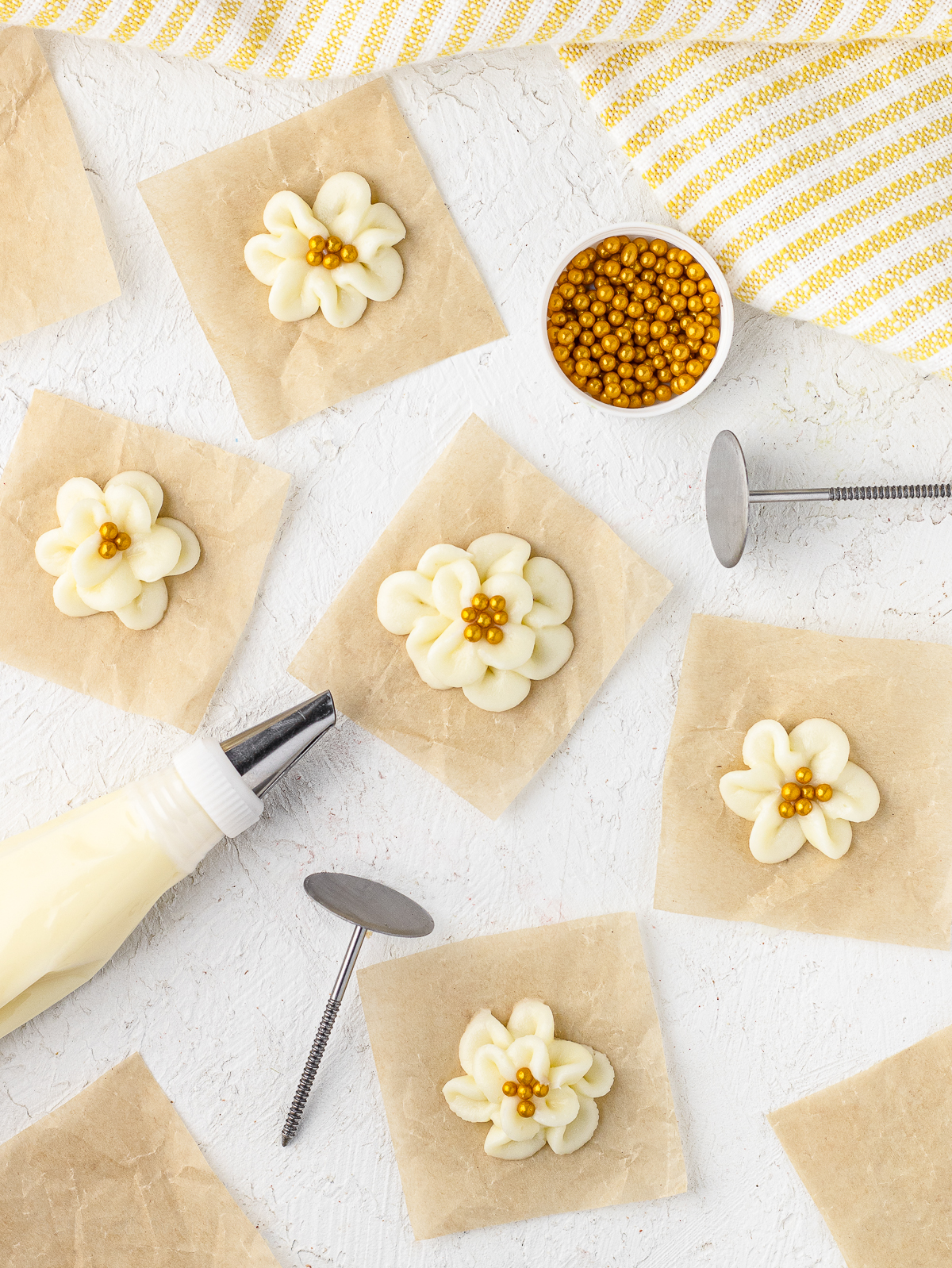 Piped flowers of Not So Sweet Buttercream.