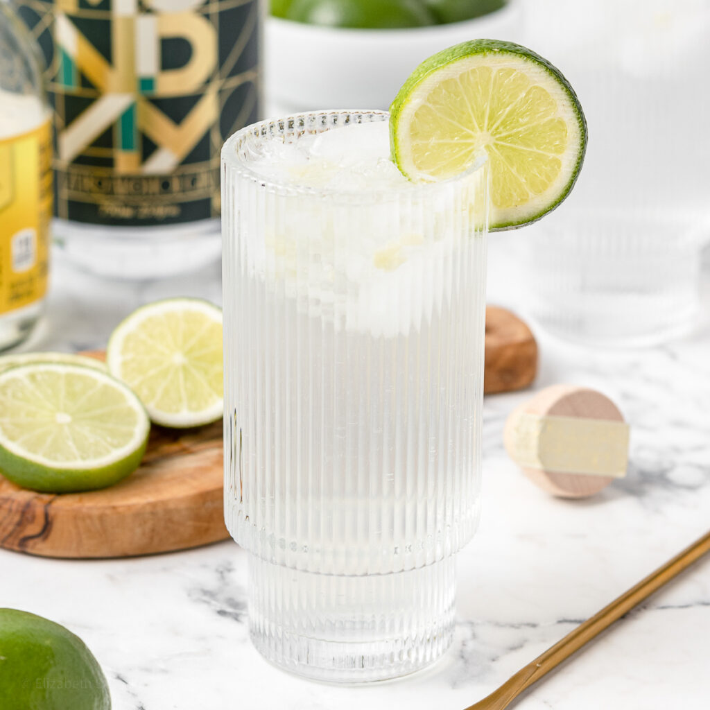 Gin and Tonic Mocktail in a highball glass with limes and lime slices on the side. Non alcoholic gin, tonic water, and a stirrer in the background.