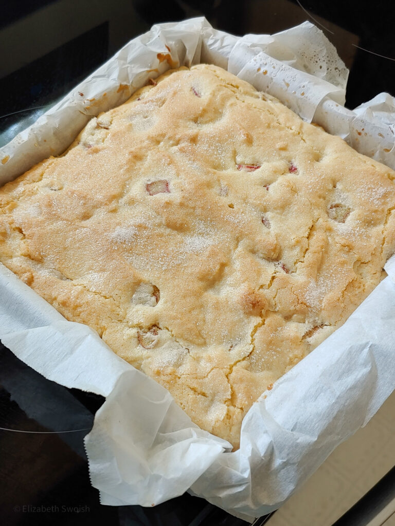 Rhubarb snack cake fresh out of the oven, cooling.