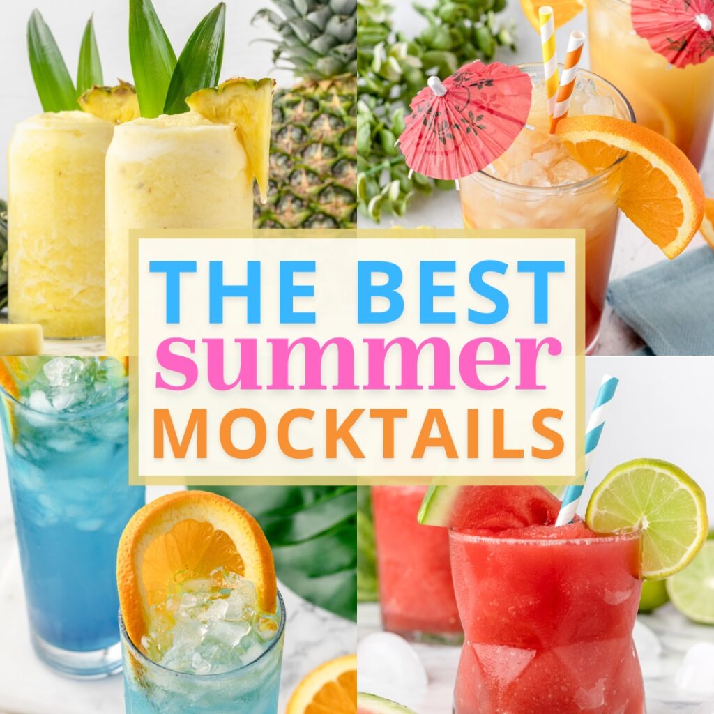 The Best Summer Mocktails. Pictured: Pina Colada, Sunrise Spritzer, Blue Lagoon, Watermelon Lime Slush.