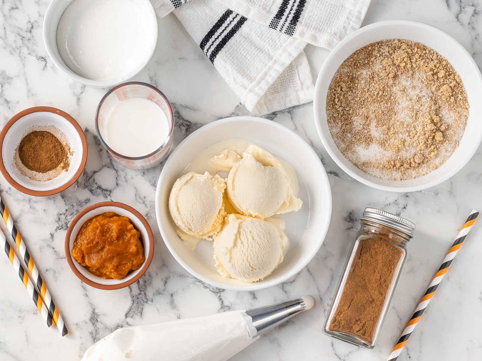 Ingredients needed. Vanilla ice cream, pumpkin puree, marshmallow fluff, milk, and pumpkin pie spice.