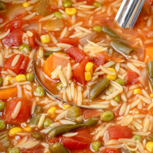 Close up of Vegetable Orzo Soup in a large pot with a ladle of orzo pasta and tons of vegetables.