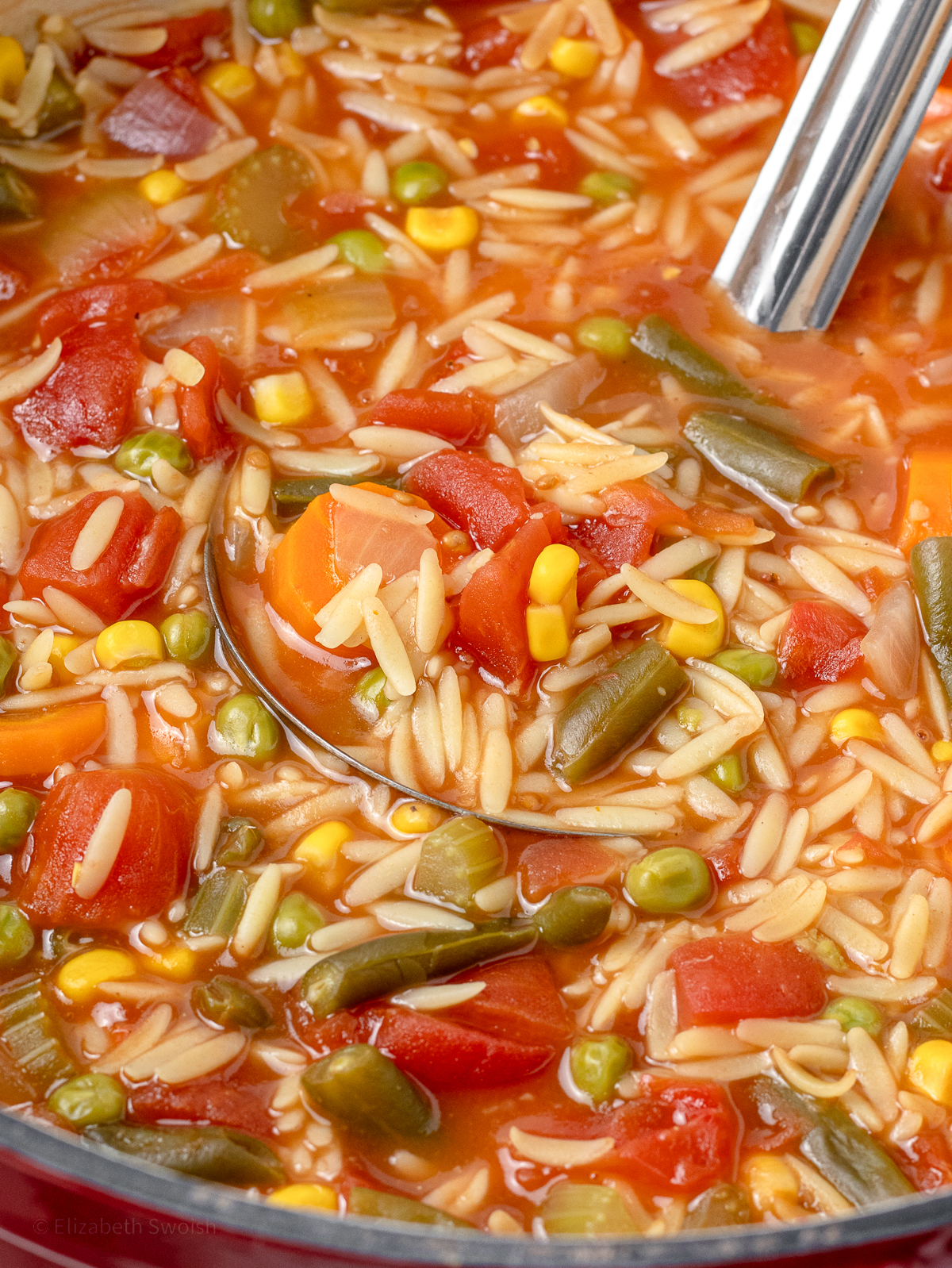 Soup in a large pot with a ladle of orzo pasta and tons of vegetables.