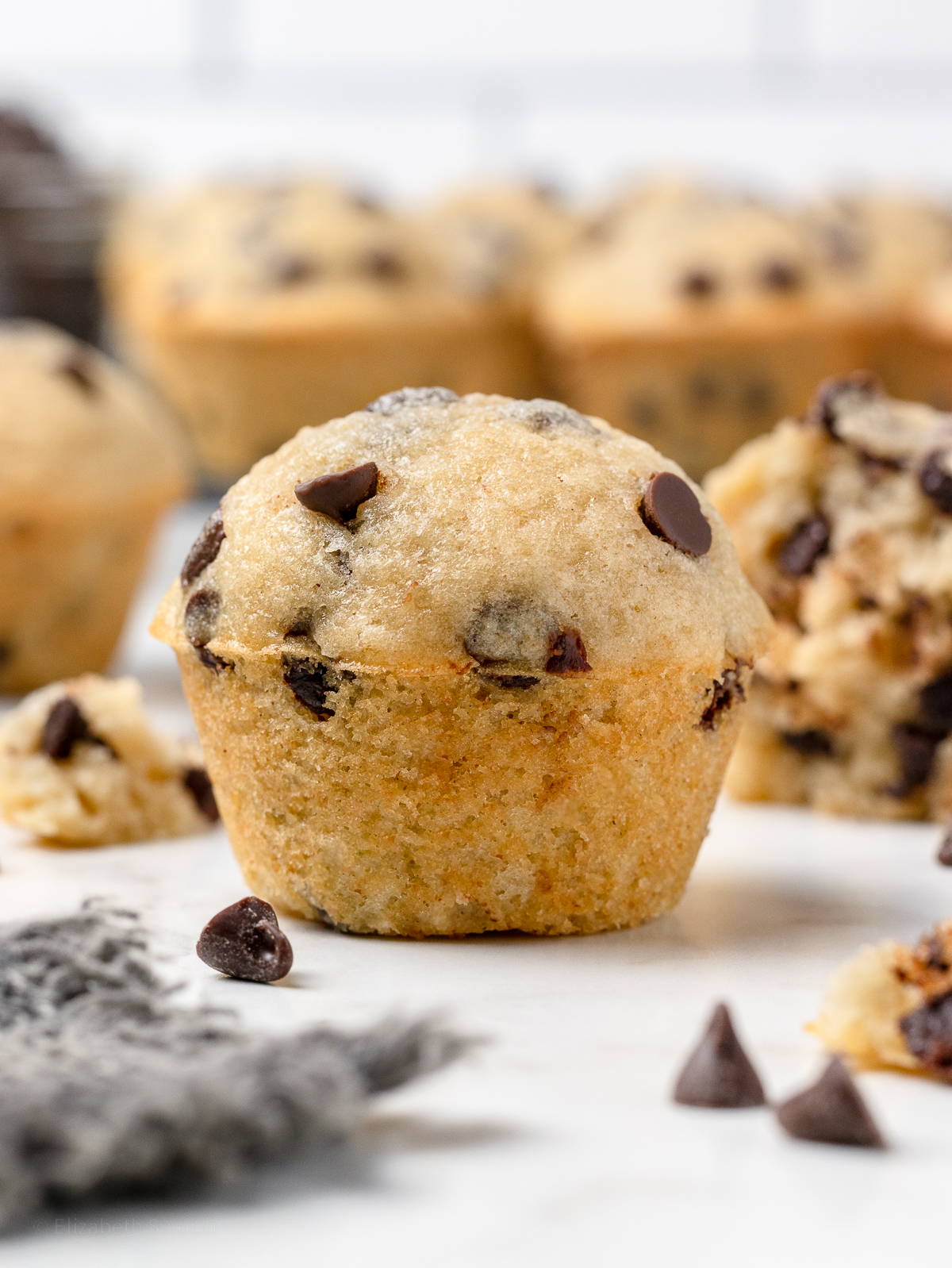 A tall mini muffin with chocolate chips.