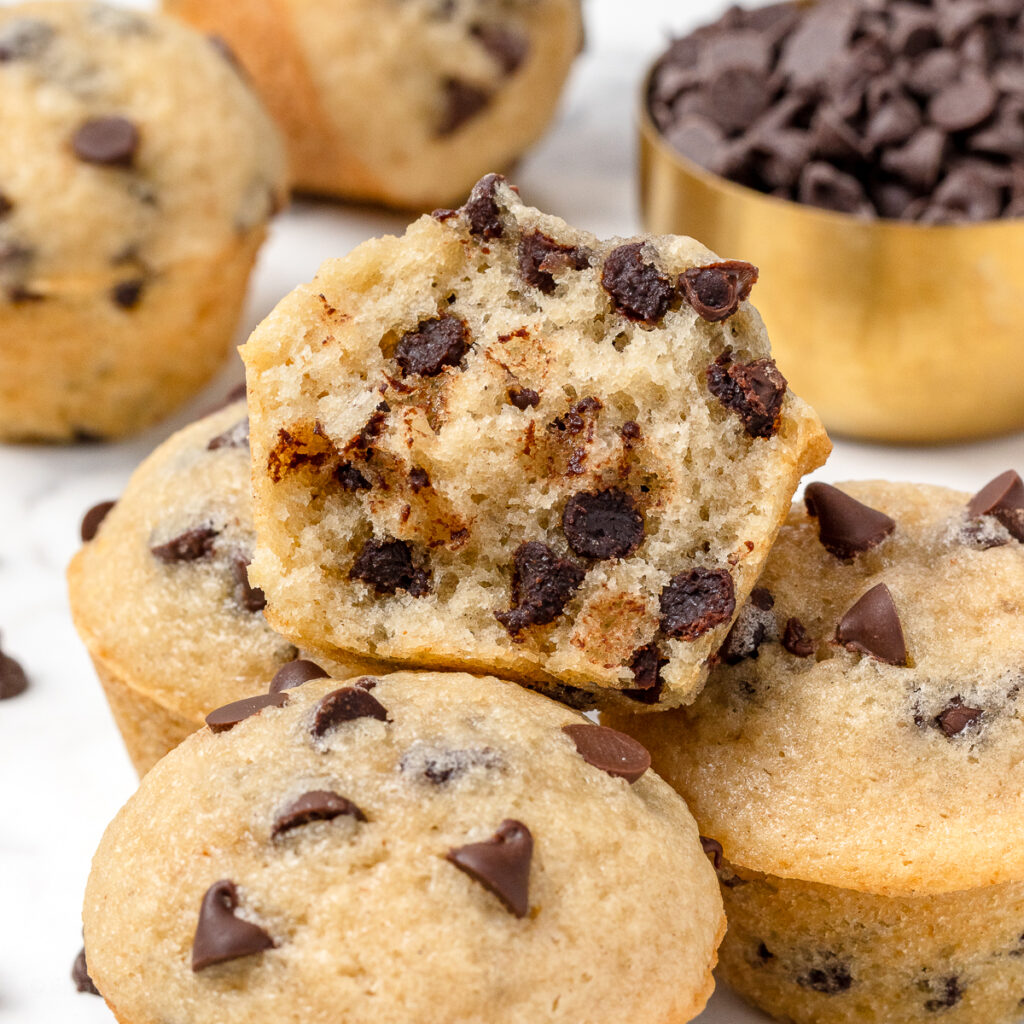 A pile of mini chocolate chip muffins.