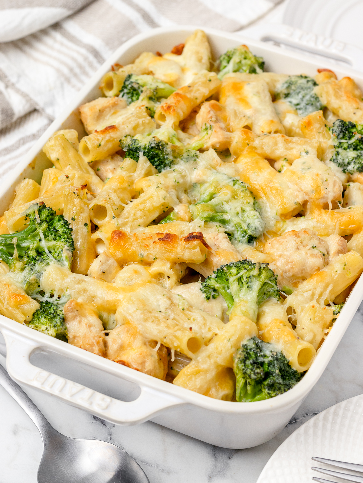 A large pan of Baked Chicken and Broccoli Pasta ready to eat.