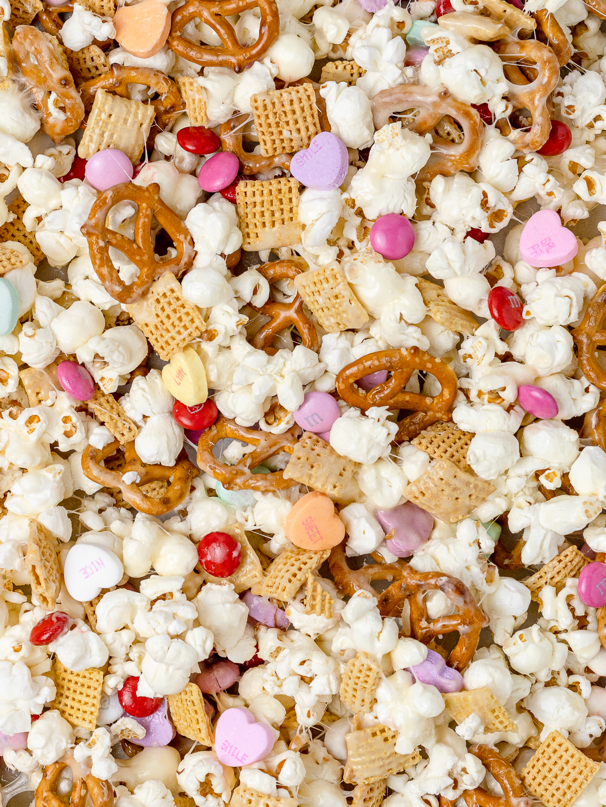 Close up of the marshmallow coated popcorn snack mix.