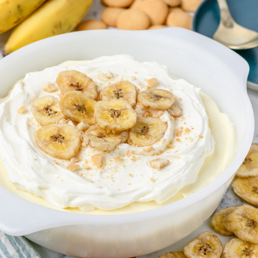 Banana Cream Pie Dip topped with whipped cream, banana chips, and crushed vanilla wafers. There is dippers, bananas, and a spoon on the side.