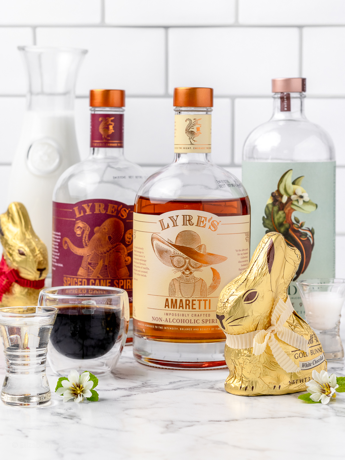Ingredients Needed for both Mocktails. White chocolate bunny with non alcoholic amaretto, seedlip spice 94, half and half, cream of coconut. Milk chocolate bunny with non alcoholic rum, half and half, espresso, and simple syrup.