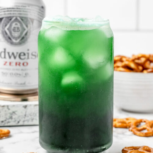 Bright green beer and pretzels for St. Patrick's Day.